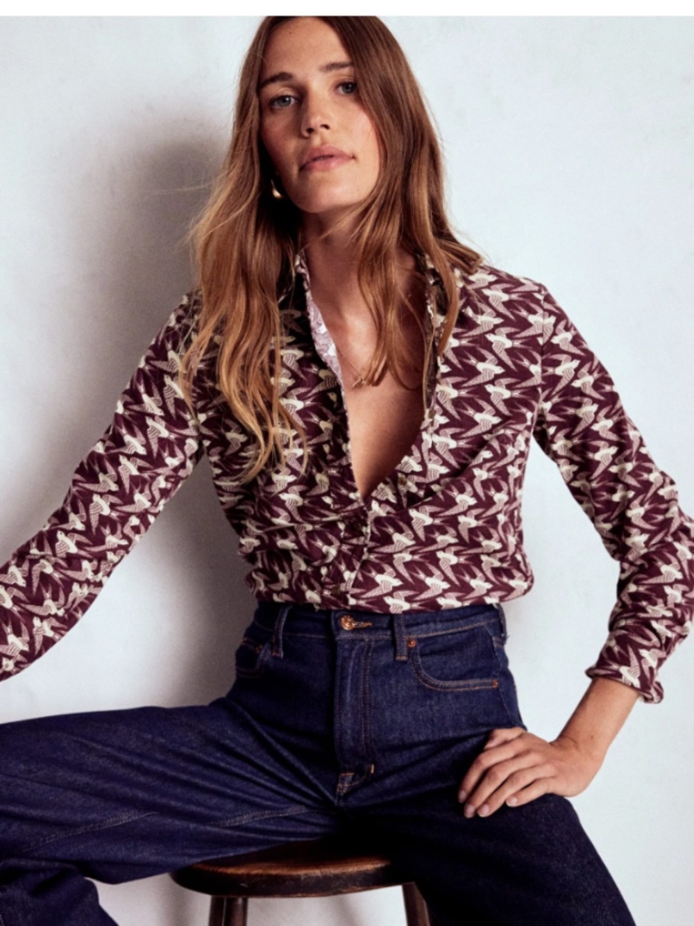 Boden Sienna Cord Shirt Dark Cherry, Swooping Swallow